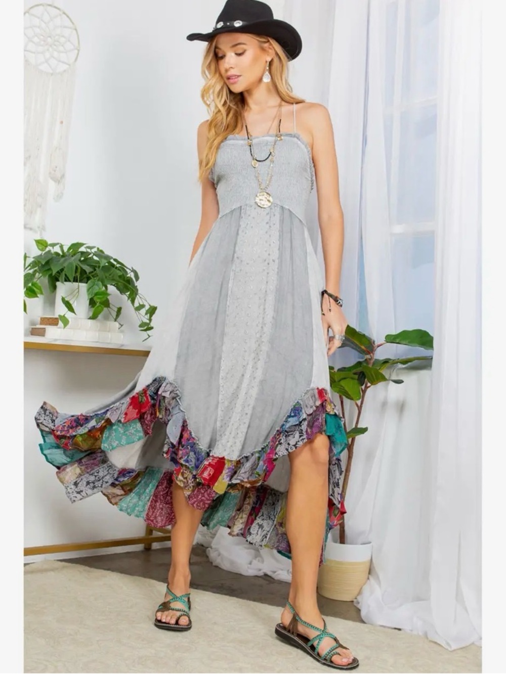 Fair trade recycled NWT Sun-Kissed Patchwork: Smocked Boho Mid-Length Dress